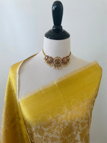 ShopNaya Exclusive | Metallic Brocade Kanchipuram Pure Silk Saree | Beige | Pure Gold Zari | Handwoven | Ships from California